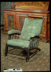 Cadeira de William Morris, estofada em tapeçaria original de lã &39;Bird&39;, c.1870 (madeira ebonizada)